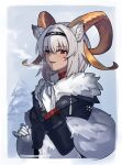  1girl animal_ear_fluff animal_ears arknights bangs black_hairband black_jacket breath carnelian_(arknights) eyebrows_visible_through_hair fur-trimmed_jacket fur_trim gloves grey_hair hair_between_eyes hairband highres horns jacket long_sleeves looking_at_viewer mabing parted_lips pine_tree red_eyes short_hair smile snow solo tree upper_body white_gloves 