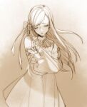  1girl bare_shoulders blue_eyes chinese_commentary closed_mouth commentary_request dress final_fantasy final_fantasy_xiv hair_ribbon highres hyur long_hair long_sleeves looking_down monochrome off-shoulder_dress off_shoulder ribbon ryne sad self_hug sepia simite sleeves_past_wrists solo spot_color 