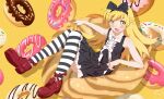  1girl absurdres bangs bare_shoulders black_bow black_dress black_legwear blonde_hair blush bow commentary_request doughnut dress eyebrows_behind_hair flat_chest food food_on_face frilled_dress frills full_body hair_bow highres long_hair looking_at_viewer monogatari_(series) motchi001 open_mouth oshino_shinobu oversized_food red_footwear sitting smile solo thigh-highs two-tone_legwear white_legwear yellow_background yellow_eyes 