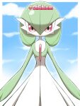  absurdres arrow_(symbol) border closed_mouth clouds commentary_request day gardevoir height highres looking_at_viewer outdoors outside_border pink_eyes pokemon pokemon_(creature) shabana_may sky smile solo white_border 