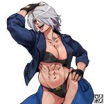  1girl abs angel_(kof) bra breasts chaps cropped_jacket fingerless_gloves gloves hair_over_one_eye highres jacket jamrolypoly large_breasts leather leather_jacket muscular muscular_female navel snk solo strapless strapless_bra the_king_of_fighters the_king_of_fighters_xv thighs toned underwear white_hair 