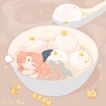  1boy arknights bowl chibi closed_eyes commentary_request head_wings highres male_focus miniboy mochi nude orange_hair passenger_(arknights) solo spoon sui_(blackcatsui_yoi) 