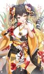  1girl 2022 :3 :d absurdres animal_ear_fluff animal_ears bangs black_eyes black_hair black_kimono blush chinese_knot chinese_zodiac commentary eyebrows_visible_through_hair eyeshadow floral_print flower fur_collar hair_between_eyes hair_flower hair_ornament hair_ribbon happy_new_year heterochromia highres holding japanese_clothes kimono long_sleeves looking_at_viewer makeup medium_hair multicolored_clothes multicolored_kimono multicolored_nails nail_polish obi open_mouth original pink_flower red_flower ribbon sash sidelocks smile solo standing sutwo_0w0 tail tail_raised tiger_ears tiger_girl tiger_stripes tiger_tail white_flower wide_sleeves year_of_the_tiger yellow_eyes yellow_kimono yellow_ribbon 