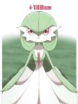  :o absurdres arrow_(symbol) colored_skin commentary_request flipped_hair gardevoir grass green_hair height highres looking_at_viewer medium_hair open_mouth outside_border pillarboxed pink_eyes pokemon pokemon_(creature) shabana_may solo white_skin 