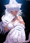  1girl absurdres animal_ear_fluff animal_hands arm_strap bangs bare_shoulders breasts christmas closed_eyes dress gloves hair_between_eyes halterneck heavy_breathing highres jewelry ladica_(shadowverse) large_breasts long_hair looking_at_viewer midnight_(midnightstream3) open_mouth orange_eyes outstretched_arm paw_gloves proposal ring shadowverse smile snowing solo tail teeth upper_teeth wedding_ring white_dress white_hair 