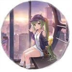  1girl anshan_(azur_lane) anshan_(setting_sun_hearts_as_one)_(azur_lane) azur_lane blue_headwear blue_jacket blush building cabbie_hat closed_eyes closed_mouth clothing_cutout collarbone cup disposable_cup dress drinking_straw expressions ferris_wheel_interior green_eyes green_hair hat highres holding holding_cup jacket long_hair looking_at_viewer official_alternate_costume official_art open_mouth ponytail shoulder_cutout silveroid sitting smile solo very_long_hair white_dress 