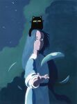  2boys a_tran absurdres animal_on_head cat cat_on_head floating floating_object green_eyes highres long_sleeves looking_at_viewer luoxiaohei multiple_boys night on_head outdoors the_legend_of_luo_xiaohei tree upper_body wuxian_(the_legend_of_luoxiaohei) 