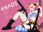  1girl absurdres black_footwear blonde_hair blue_eyes boots breasts fishnet_legwear fishnets gun highres holding holding_gun holding_sword holding_weapon katana konpeito_416 large_breasts long_hair looking_at_viewer midriff multicolored_hair navel original pink_background pink_hair ponytail shirt smile solo striped striped_legwear sword thigh-highs thighs two-tone_hair very_long_hair weapon white_shirt 