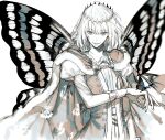  1boy au_(d_elite) blue_eyes bug butterfly butterfly_wings cape crown fate/grand_order fate_(series) fur-trimmed_cape fur_trim highres long_sleeves looking_at_viewer male_focus monochrome oberon_(fate) shirt short_hair smile solo spot_color white_shirt wings 