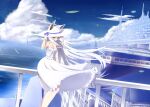  1girl albino animal_ear_fluff animal_ears castle clock clock_tower clouds dress fox_ears fox_girl grey_hair hat long_hair original red_eyes scenery shiro_youduki silver_hair sky sundress tail tower white_dress white_hair wind 