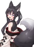  1girl :d animal_ears bangs bare_shoulders highres hlanbdal japanese_clothes long_hair long_sleeves looking_at_viewer looking_back open_mouth original simple_background smile solo tail twintails violet_eyes white_background wolf_ears wolf_girl wolf_tail 