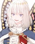  1boy arthropod_boy bangs blue_cape blue_eyes box butterfly_wings cape cloak crown diamond_hairband fate/grand_order fate_(series) fur-trimmed_cape fur-trimmed_cloak fur_trim gift grey_hair highres holding holding_box holding_gift insect_wings long_hair long_sleeves looking_at_viewer male_focus nonno_phi oberon_(fate) smile solo wings 