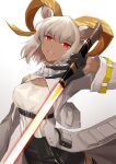  1girl animal_ears arknights beam_saber belt black_belt black_gloves black_shorts boushi-ya breasts carnelian_(arknights) coat commentary dark-skinned_female dark_skin gloves goat_ears goat_girl half_gloves holding holding_sword holding_weapon horns large_breasts looking_at_viewer red_eyes shirt shorts simple_background smile solo sword weapon white_background white_coat white_hair white_shirt 