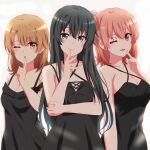  3girls ;d ;o bare_arms black_dress black_hair blue_eyes brown_hair collarbone criss-cross_halter dress finger_to_mouth hair_bun halterneck highres index_finger_raised isshiki_iroha lieass lipstick long_hair looking_at_viewer makeup multiple_girls one_eye_closed open_mouth pink_hair red_eyes red_lips shiny shiny_hair shushing simple_background sleeveless sleeveless_dress smile standing straight_hair very_long_hair white_background yahari_ore_no_seishun_lovecome_wa_machigatteiru. yellow_eyes yuigahama_yui yukinoshita_yukino 