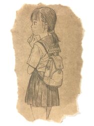  1girl absurdres backpack bag bag_charm bangs charm_(object) closed_mouth cowboy_shot from_behind graphite_(medium) hand_on_own_chin highres long_hair looking_away looking_to_the_side low_ponytail monochrome murata_range original pleated_skirt ponytail profile sailor_collar school_uniform serafuku shirt short_sleeves skirt solo standing traditional_media 