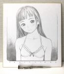  1girl :| absurdres bangs bare_shoulders bikini blunt_bangs border breasts closed_mouth collarbone english_text expressionless frilled_bikini frills graphite_(medium) greyscale head_tilt highres long_hair looking_at_viewer mechanical_pencil monochrome murata_range original pencil shikishi small_breasts solo straight_hair swimsuit traditional_media upper_body 