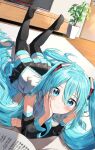  1girl :t bangs bare_shoulders black_legwear blue_eyes blue_hair blue_nails blush carpet commentary detached_sleeves dutch_angle eyebrows_visible_through_hair eyes_visible_through_hair feet_up hair_between_eyes hair_spread_out hatsune_miku head_rest highres indoors long_hair long_sleeves looking_at_viewer lying nail_polish no_shoes on_floor on_stomach pentagon_(railgun_ky1206) plant pleated_skirt potted_plant skirt solo television thigh-highs twintails very_long_hair vocaloid zettai_ryouiki 