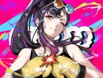 1girl ;) black_hair boxing_gloves eyewear_on_head hair_ornament hands_up hgsym123 multicolored_hair one_eye_closed ponytail project_sekai shiraishi_an smile solo yellow_eyes 