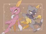  2others :3 :d alternate_color brown_background character_name claws closed_mouth commentary_request fang fangs fangs_out framed highres hisuian_sneasel lemonade_kokoi open_mouth pokemon pokemon_(creature) shiny_pokemon skin_fang smile sneasel star_(symbol) tongue twitter_username yellow_eyes 