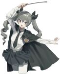  1girl absurdres anchovy_(girls_und_panzer) anzio_(emblem) anzio_school_uniform arm_up bangs black_cape black_necktie black_ribbon blue_skirt blush brown_eyes cape cropped_legs drill_hair emblem girls_und_panzer grey_hair hair_ribbon highres holding long_hair long_sleeves looking_at_viewer necktie pantyhose parted_lips ribbon riding_crop school_uniform shirt simple_background skirt solo tachibana_wataru_(123tsuki) twin_drills twintails white_background white_legwear white_shirt 