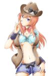  81diver bell breasts carradio collarbone cowboy_hat gradient_eyes hat highres large_breasts long_hair mole mole_under_eye multicolored_eyes nakashizu_soyo navel neck_bell neck_ribbon redhead ribbon shogi_piece shorts simple_background stomach under_boob violet_eyes 