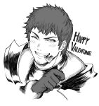  armor biting candy chocolate commentary facial_hair food gloves happy_valentine heart heart-shaped_chocolate highres in_mouth looking_at_viewer male_focus medium_hair monochrome one_eye_closed original pauldrons shoulder_armor sketch smile stubble valentine zanki 