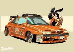  1girl alfa_romeo animal_ears black_eyes black_hair black_legwear black_leotard breasts car chibi ground_vehicle headlight highres itasha leotard medium_breasts motor_vehicle off-white_(brand) original pantyhose playboy_bunny rabbit_ears rikona short_hair vehicle_focus 