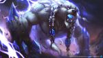  1boy absurdres animal artist_name bear claws earrings electricity fangs glowing glowing_eyes glowing_mouth highres jewelry joaowbenfica league_of_legends long_hair open_mouth sharp_teeth solo teeth volibear web_address white_hair 