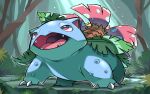  bright_pupils claws commentary_request day fangs forest full_body hyou_(hyouga617) looking_up nature no_humans open_mouth outdoors pink_eyes pokemon pokemon_(creature) solo tongue venusaur white_pupils 