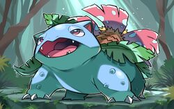  bright_pupils claws commentary_request day fangs forest full_body hyou_(hyouga617) looking_up nature no_humans open_mouth outdoors pink_eyes pokemon pokemon_(creature) solo tongue venusaur white_pupils 