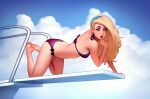  1girl all_fours barefoot bikini black_bow blonde_hair blue_hairband blue_sky bow breasts character_request check_character clouds cloudy_sky day diving_board earrings from_side hairband highres jewelry large_breasts league_of_legends long_hair lux_(league_of_legends) open_mouth outdoors red_bikini sky solo swimsuit teeth tsuaii upper_teeth 