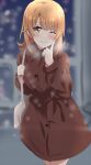  1girl ;d bag blurry blurry_background blush brown_coat brown_hair closed_mouth coat cowboy_shot handbag highres index_finger_raised isshiki_iroha lieass long_hair long_sleeves looking_at_viewer night one_eye_closed outdoors shiny shiny_hair smile snowing solo standing straight_hair winter winter_clothes winter_coat yahari_ore_no_seishun_lovecome_wa_machigatteiru. yellow_eyes 