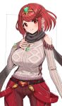  1girl alternate_costume breasts closed_mouth clothing_cutout earrings eyebrows_visible_through_hair fingernails gonzarez headpiece highres jewelry large_breasts long_sleeves looking_at_viewer pants pyra_(xenoblade) red_eyes red_pants redhead short_hair shoulder_cutout smile sweater white_background white_sweater xenoblade_chronicles_(series) xenoblade_chronicles_2 