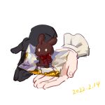  1girl absurdres arknights black_gloves chocolate commentary_request dated food gloves hand_focus highres holding holding_food shio_(7203802) simple_background single_glove solo suzuran_(arknights) white_background 
