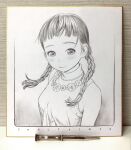  1girl absurdres bangs bare_shoulders border braid breasts closed_mouth floating_hair flower flower_necklace graphite_(medium) greyscale hair_over_shoulder highres jewelry light_smile long_hair looking_at_viewer mechanical_pencil monochrome murata_range necklace original pencil shikishi shirt sleeveless sleeveless_shirt small_breasts solo traditional_media turtleneck twin_braids upper_body 