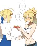  2girls absurdres ahoge artoria_pendragon_(fate) bangs blonde_hair blue_ribbon blush box braid breasts fate/apocrypha fate/stay_night fate_(series) french_braid gift gift_box green_eyes hair_bun hair_ribbon highres hyperbudd long_hair medium_breasts mordred_(fate) mordred_(fate/apocrypha) multiple_girls parted_bangs ponytail ribbon saber sidelocks small_breasts speech_bubble translation_request valentine 