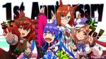  4girls animal_ears arm_up blush brown_eyes brown_hair commentary_request glasses hair_ornament hairclip horse_ears horse_girl jacket long_hair looking_at_viewer matikane_tannhauser_(umamusume) medium_hair multiple_girls nice_nature_(umamusume) open_mouth simple_background smile twin_turbo_(umamusume) twintails umamusume white_background 
