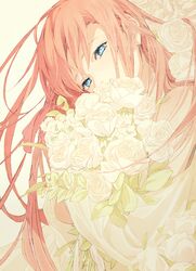  1girl absurdres blue_eyes bouquet commentary_request covered_mouth ff14yonah final_fantasy final_fantasy_xiv flower hair_ribbon highres holding holding_bouquet long_hair looking_at_viewer pink_hair pink_ribbon ribbon ryne simple_background solo upper_body white_flower yellow_background 