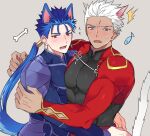  2boys animal_ears archer_(fate) armor bangs blue_armor blue_hair blush bone cat_boy cat_ears cat_tail cu_chulainn_(fate) dog_boy dog_ears dog_tail earrings fate/grand_order fate_(series) fish flying_sweatdrops grey_eyes highres hug jewelry large_pectorals long_hair looking_at_viewer male_focus multiple_boys muscular muscular_male open_mouth pectorals red_eyes saseum_(puipuiseum) short_hair shrug_(clothing) sweatdrop tail white_hair 