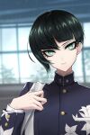  0_0c0ff 1boy androgynous bowl_cut expressionless eyelashes green_eyes green_hair highres protagonist_(smtv) school_uniform shin_megami_tensei shin_megami_tensei_v upper_body 