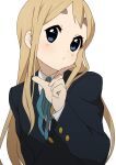  1girl absurdres black_jacket blonde_hair blue_eyes blue_ribbon closed_mouth collared_shirt commentary hand_up highres jacket k-on! kicchi_(tmgk) kotobuki_tsumugi light_blush long_hair long_sleeves neck_ribbon ribbon school_uniform shirt simple_background solo thick_eyebrows upper_body white_background white_shirt 