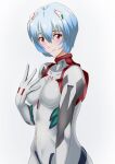  1girl absurdres arm_at_side ayanami_rei blue_hair blush breasts cowboy_shot hair_between_eyes hand_on_own_chest hateri highres interface_headset looking_at_viewer medium_breasts neon_genesis_evangelion plugsuit rebuild_of_evangelion red_eyes short_hair solo white_background 