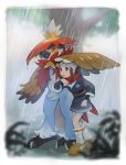  1girl :o akari_(pokemon) black_sash black_shirt border brown_footwear brown_hair commentary_request eyelashes grey_jacket grey_skirt head_scarf highres hisuian_decidueye jacket kikuyoshi_(tracco) knees long_hair loose_socks pokemon pokemon_(creature) pokemon_(game) pokemon_legends:_arceus rain sash shirt shoes sidelocks skirt standing sweatdrop white_border white_headwear white_legwear 