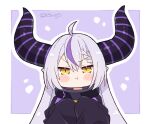  1girl :t ahoge black_horns blush_stickers braid braided_bangs chibi commentary demon_girl english_commentary hololive horns kukie-nyan la+_darknesss long_hair multicolored_hair pout purple_hair purple_horns sleeves_past_fingers sleeves_past_wrists slit_pupils streaked_hair striped_horns twitter_username upper_body v-shaped_eyebrows virtual_youtuber yellow_eyes 