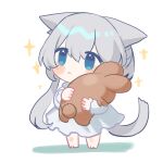  1girl :&lt; animal_ears arknights bangs bare_shoulders blue_eyes blush_stickers cat_ears cat_girl cat_tail chibi closed_mouth commentary_request dress eyebrows_visible_through_hair full_body grey_hair hair_between_eyes holding holding_stuffed_toy long_hair long_sleeves nicole_(lion) rosmontis_(arknights) solo sparkle stuffed_animal stuffed_bunny stuffed_toy tail very_long_hair white_background white_dress 