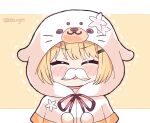  1girl ^_^ animal_hood blonde_hair blush_stickers chibi closed_eyes commentary english_commentary eyebrows_visible_through_hair fake_facial_hair fake_mustache hololive hood kukie-nyan momosuzu_nene seal_hood solo twitter_username upper_body virtual_youtuber 