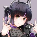  1girl bangs black_hair black_jacket black_shirt blunt_bangs blush closed_mouth commentary_request dameyoshi demon_girl demon_horns eyebrows_visible_through_hair grey_background heart heart_print highres horns jacket jewelry kojo_anna long_hair long_sleeves looking_at_viewer multicolored_hair pink_nails pointing pointing_at_self pointy_ears print_shirt purple_hair ring see-through_shirt shirt simple_background sleeveless sleeveless_shirt smile solo sugar_lyric twintails two-tone_hair upper_body v virtual_youtuber yellow_eyes zipper 