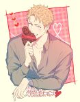  1boy blonde_hair blue_eyes blush chocolate commentary dress_shirt food happy_valentine heart holding holding_chocolate holding_food jewelry jita_(jita5max) looking_at_viewer male_focus partially_unbuttoned ribbon shirt sleeve_cuffs smile valentine 