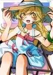  1girl bakemonogatari bangs bare_arms bare_shoulders basket blonde_hair blush blush_stickers bow bracelet dress fang hat highres jewelry long_hair looking_at_viewer monogatari_(series) myuga66666 oshino_shinobu sitting skin_fang sleeveless smile sun_hat sundress yellow_eyes 