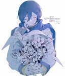  1boy blue_hair bouquet closed_eyes closed_mouth coat flower happy_birthday highres holding holding_flower kaito_(vocaloid) lily_(flower) long_sleeves nemuichiiii scarf smile solo vocaloid white_background 